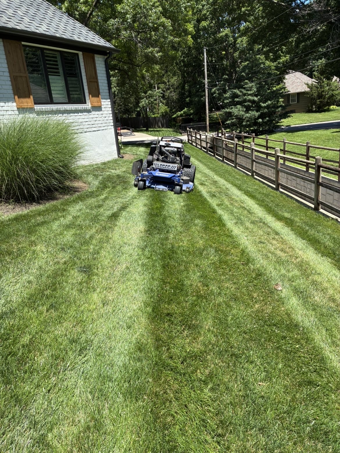 Reintjes Lawn Care zero-turn mower striping a backyard along a fence line